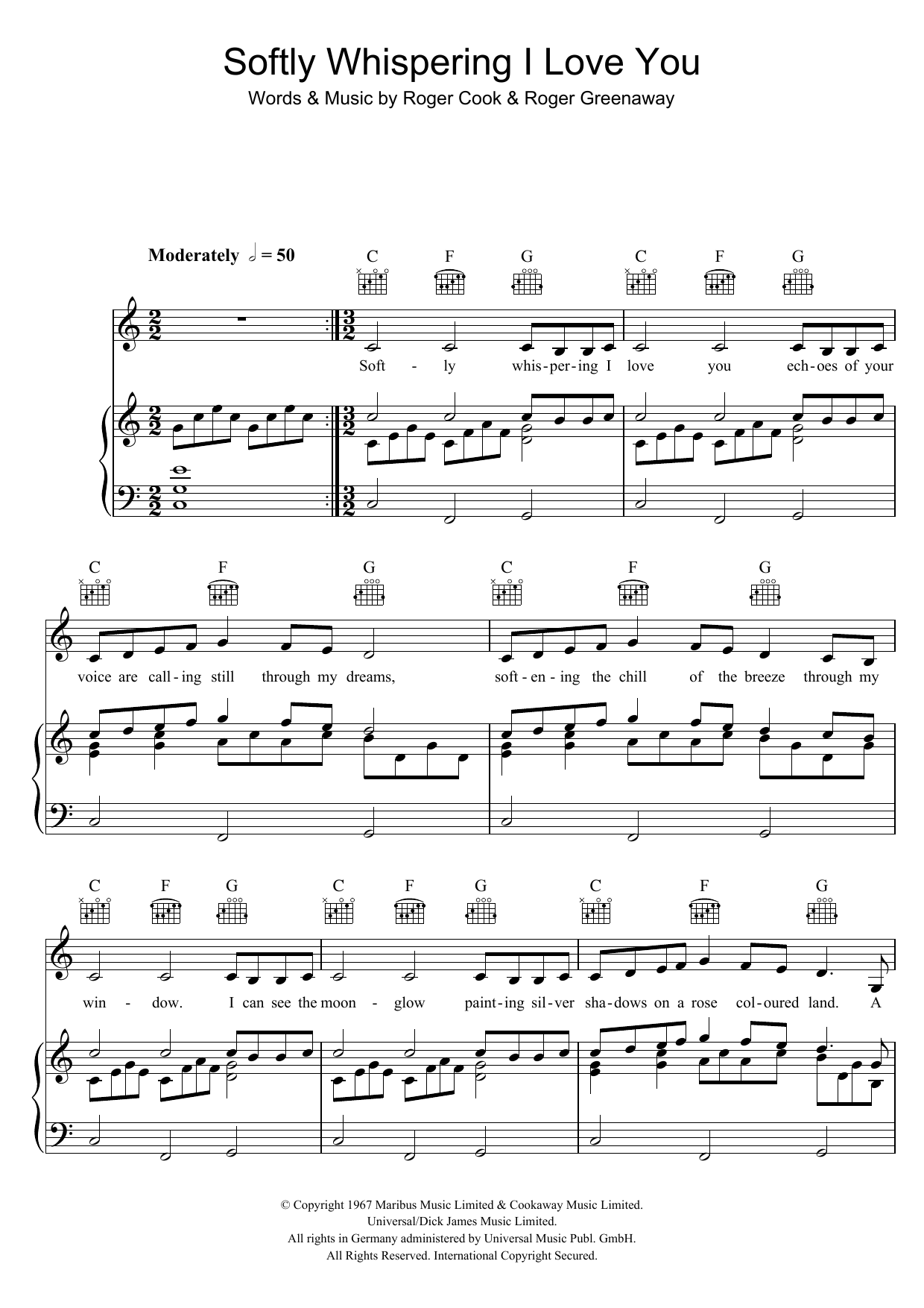 The Congregation Softly Whispering I Love You Sheet Music Notes & Chords for Piano, Vocal & Guitar (Right-Hand Melody) - Download or Print PDF