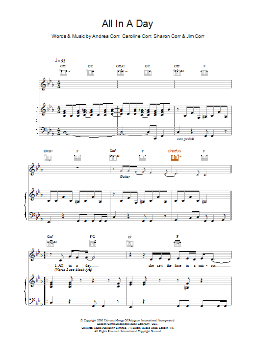 The Corrs All In A Day Sheet Music Notes & Chords for Piano, Vocal & Guitar - Download or Print PDF