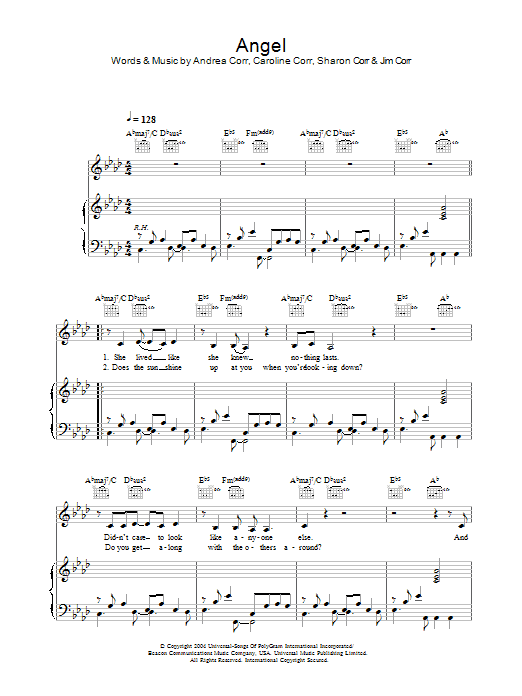 The Corrs Angel Sheet Music Notes & Chords for Piano, Vocal & Guitar - Download or Print PDF