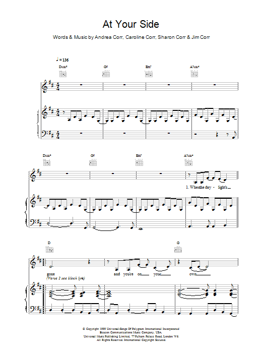 The Corrs At Your Side Sheet Music Notes & Chords for Piano, Vocal & Guitar - Download or Print PDF