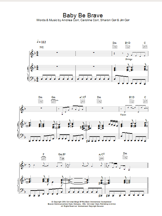The Corrs Baby Be Brave Sheet Music Notes & Chords for Piano, Vocal & Guitar - Download or Print PDF