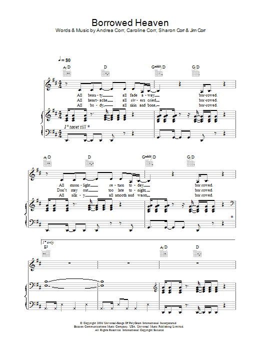 The Corrs Borrowed Heaven Sheet Music Notes & Chords for Piano, Vocal & Guitar - Download or Print PDF