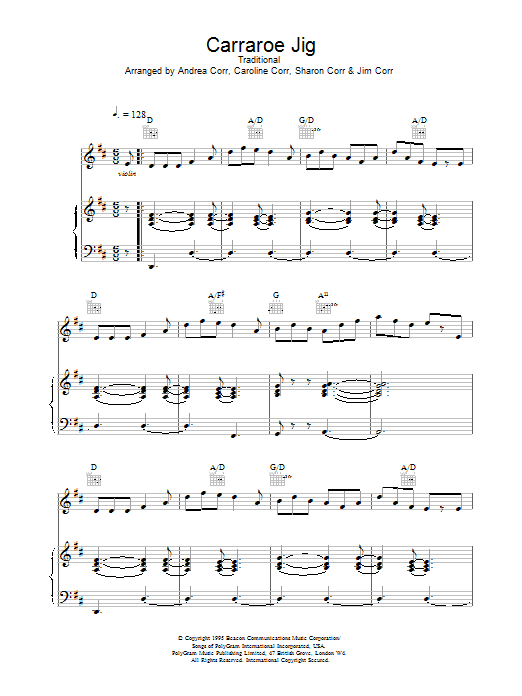 The Corrs Carraroe Jig Sheet Music Notes & Chords for Piano, Vocal & Guitar (Right-Hand Melody) - Download or Print PDF