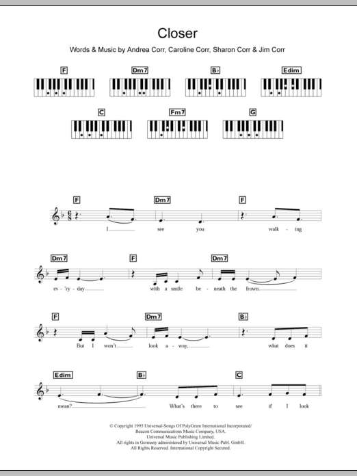 The Corrs Closer Sheet Music Notes & Chords for Piano, Vocal & Guitar - Download or Print PDF