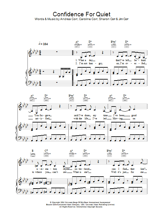 The Corrs Confidence For Quiet Sheet Music Notes & Chords for Piano, Vocal & Guitar - Download or Print PDF