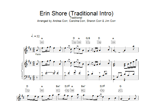 The Corrs Erin Shore (Traditional Intro) Sheet Music Notes & Chords for Piano, Vocal & Guitar (Right-Hand Melody) - Download or Print PDF