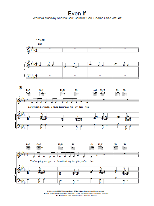 The Corrs Even If Sheet Music Notes & Chords for Piano, Vocal & Guitar - Download or Print PDF