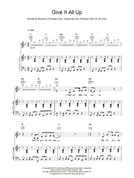 The Corrs Give It All Up Sheet Music Notes & Chords for Piano, Vocal & Guitar - Download or Print PDF
