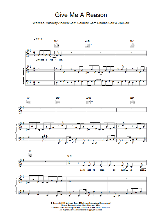 The Corrs Give Me A Reason Sheet Music Notes & Chords for Piano, Vocal & Guitar - Download or Print PDF
