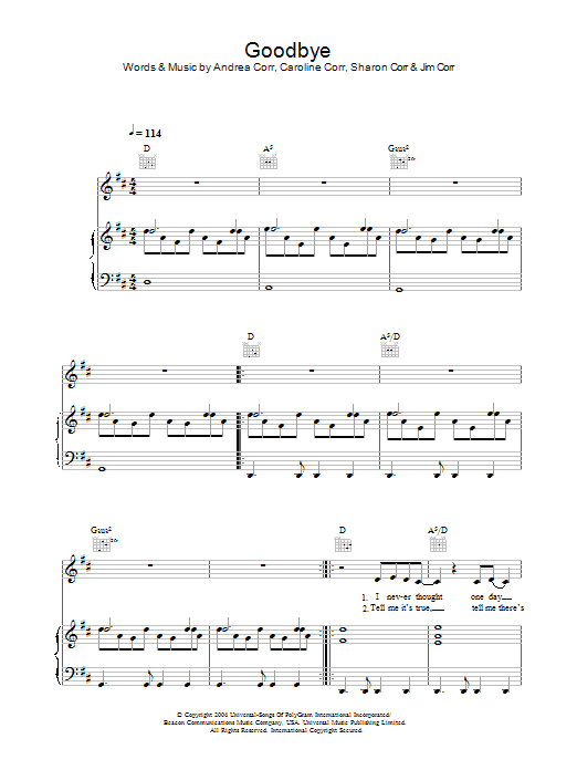 The Corrs Goodbye Sheet Music Notes & Chords for Piano, Vocal & Guitar - Download or Print PDF