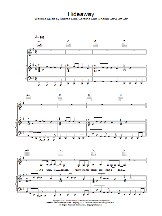 The Corrs Hideaway Sheet Music Notes & Chords for Piano, Vocal & Guitar - Download or Print PDF