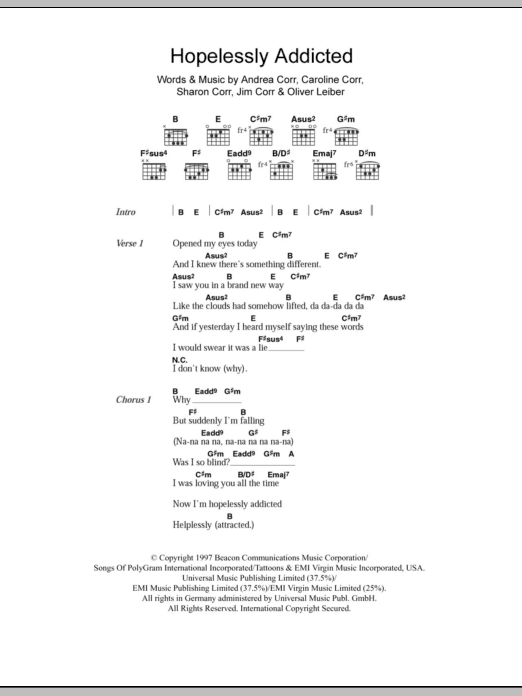 The Corrs Hopelessly Addicted Sheet Music Notes & Chords for Lyrics & Chords - Download or Print PDF