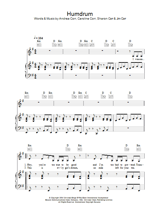 The Corrs Humdrum Sheet Music Notes & Chords for Piano, Vocal & Guitar - Download or Print PDF