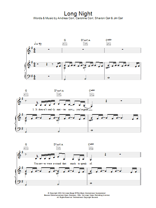 The Corrs Long Night Sheet Music Notes & Chords for Piano, Vocal & Guitar - Download or Print PDF