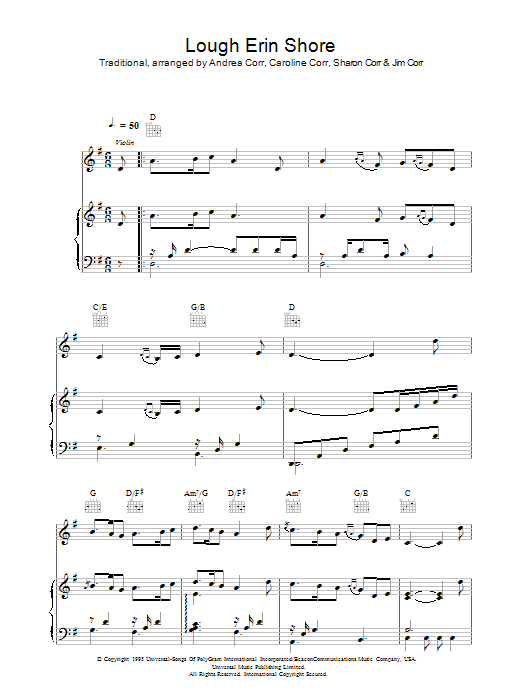 The Corrs Lough Erin Shore Sheet Music Notes & Chords for Piano, Vocal & Guitar (Right-Hand Melody) - Download or Print PDF