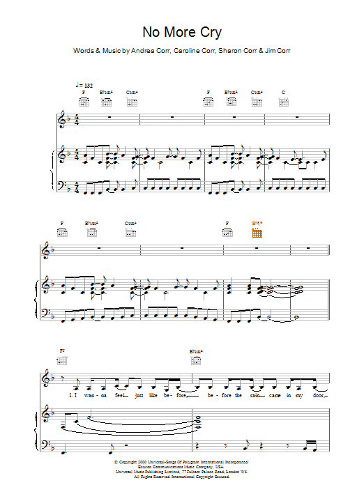 The Corrs No More Cry Sheet Music Notes & Chords for Piano, Vocal & Guitar - Download or Print PDF