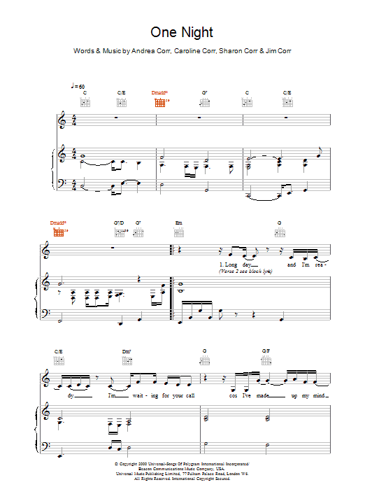 The Corrs One Night Sheet Music Notes & Chords for Piano, Vocal & Guitar (Right-Hand Melody) - Download or Print PDF
