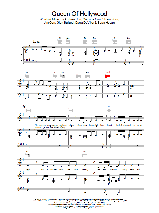 The Corrs Queen Of Hollywood Sheet Music Notes & Chords for Lyrics & Chords - Download or Print PDF