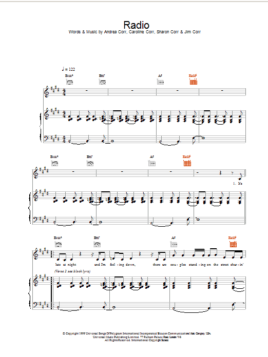 The Corrs Radio Sheet Music Notes & Chords for Piano Chords/Lyrics - Download or Print PDF