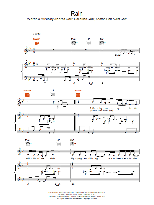 The Corrs Rain Sheet Music Notes & Chords for Piano, Vocal & Guitar - Download or Print PDF