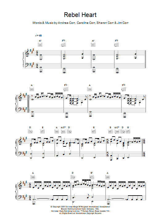 The Corrs Rebel Heart Sheet Music Notes & Chords for Piano, Vocal & Guitar - Download or Print PDF