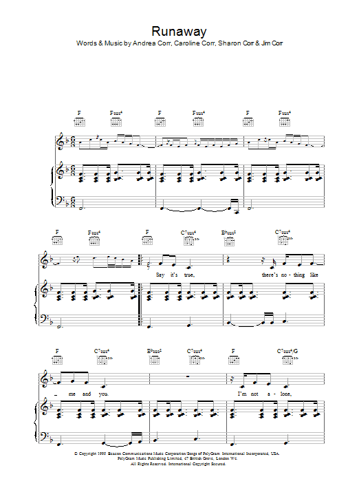 The Corrs Runaway Sheet Music Notes & Chords for Piano, Vocal & Guitar Chords (Right-Hand Melody) - Download or Print PDF