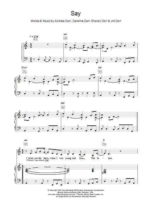 The Corrs Say Sheet Music Notes & Chords for Piano, Vocal & Guitar - Download or Print PDF