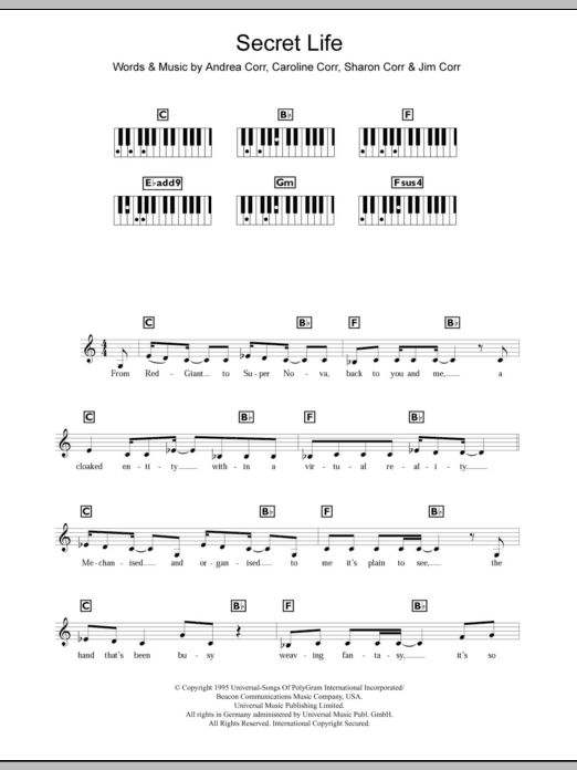The Corrs Secret Life Sheet Music Notes & Chords for Keyboard - Download or Print PDF