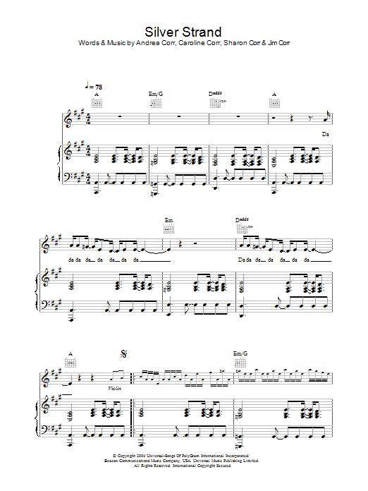 The Corrs Silver Strand Sheet Music Notes & Chords for Piano, Vocal & Guitar - Download or Print PDF