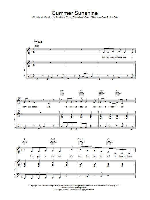 The Corrs Summer Sunshine Sheet Music Notes & Chords for Piano, Vocal & Guitar - Download or Print PDF