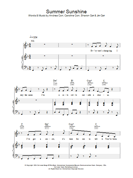 The Corrs Summer Sunshine Sheet Music Notes & Chords for Keyboard - Download or Print PDF