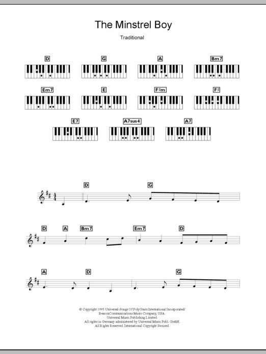 The Corrs The Minstrel Boy Sheet Music Notes & Chords for Piano, Vocal & Guitar (Right-Hand Melody) - Download or Print PDF