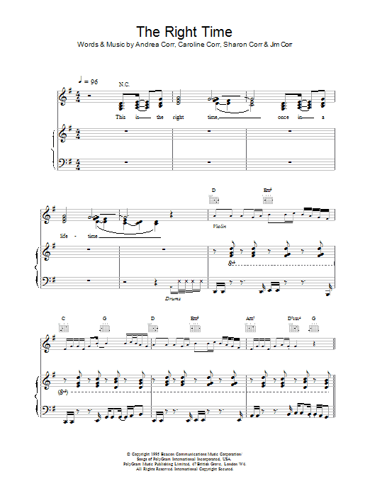 The Corrs The Right Time Sheet Music Notes & Chords for Piano, Vocal & Guitar (Right-Hand Melody) - Download or Print PDF