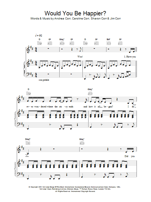 The Corrs Would You Be Happier? Sheet Music Notes & Chords for Piano, Vocal & Guitar - Download or Print PDF