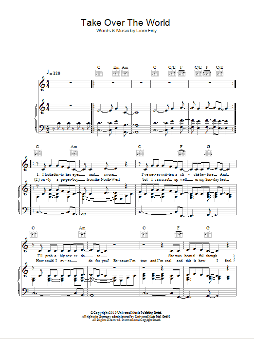 The Courteeners Take Over The World Sheet Music Notes & Chords for Piano, Vocal & Guitar (Right-Hand Melody) - Download or Print PDF