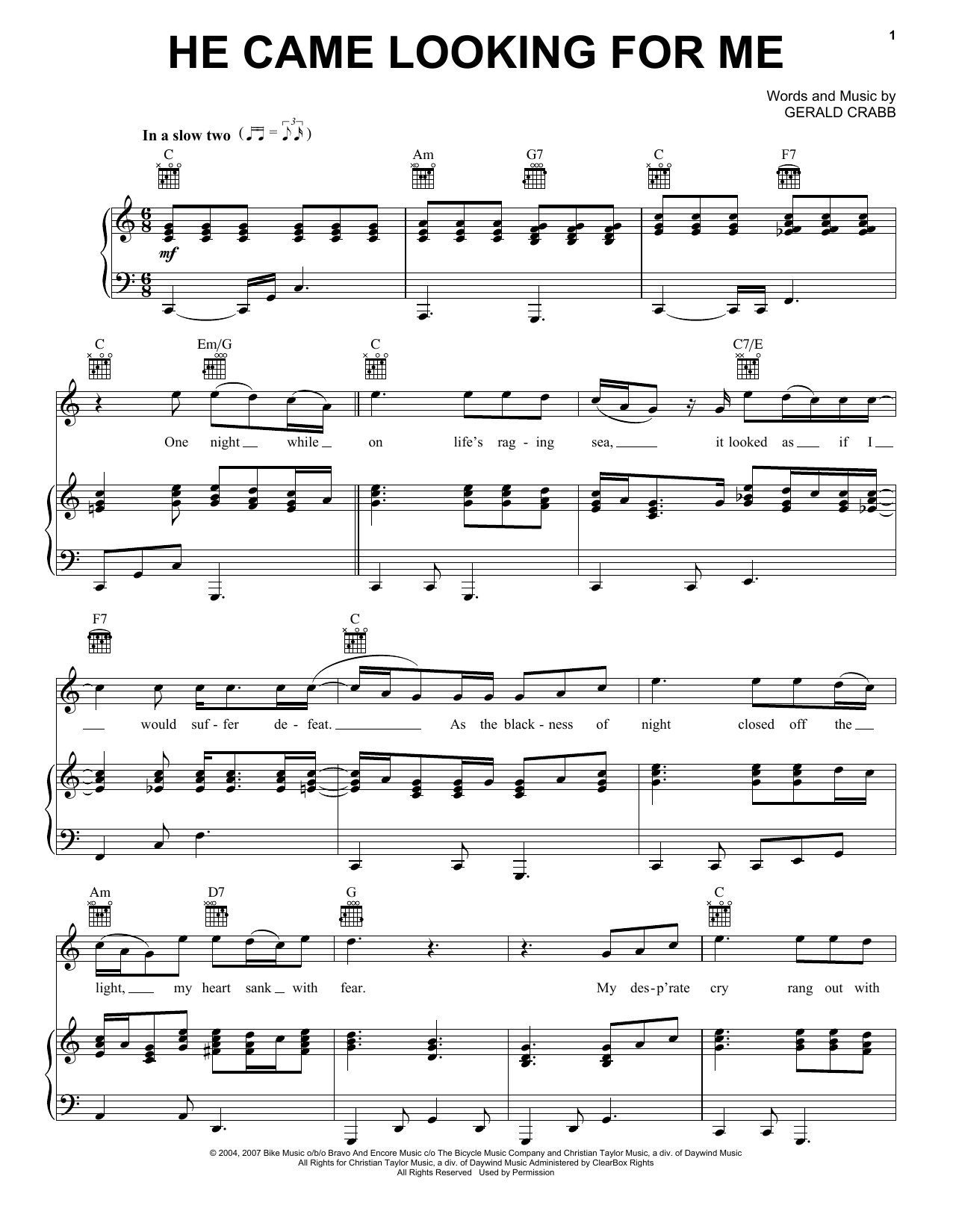 The Crabb Family He Came Looking For Me Sheet Music Notes & Chords for Piano, Vocal & Guitar (Right-Hand Melody) - Download or Print PDF