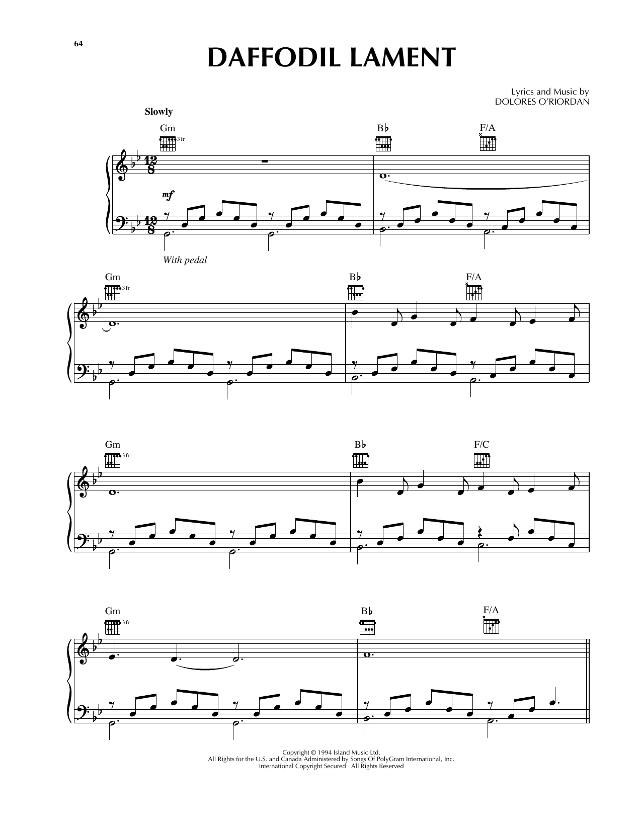 The Cranberries Daffodil Lament Sheet Music Notes & Chords for Piano, Vocal & Guitar (Right-Hand Melody) - Download or Print PDF
