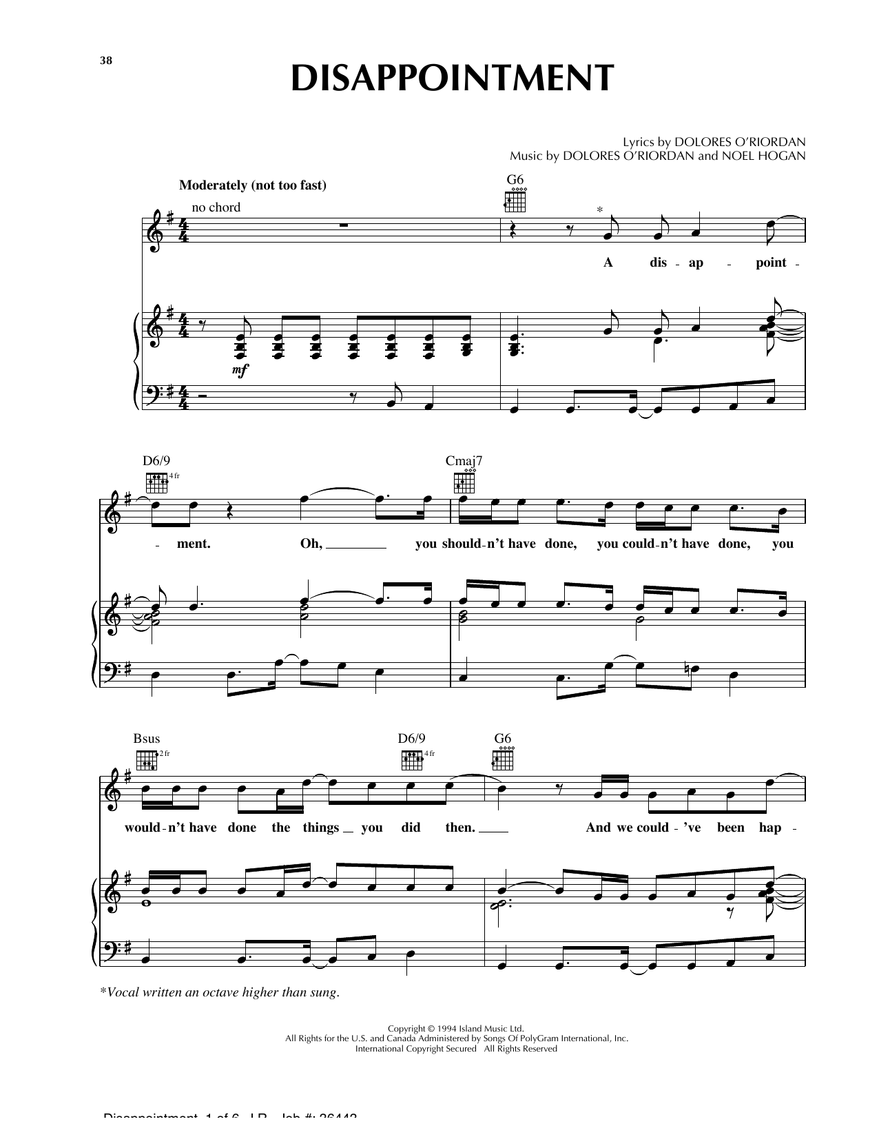 The Cranberries Disappointment Sheet Music Notes & Chords for Piano, Vocal & Guitar (Right-Hand Melody) - Download or Print PDF