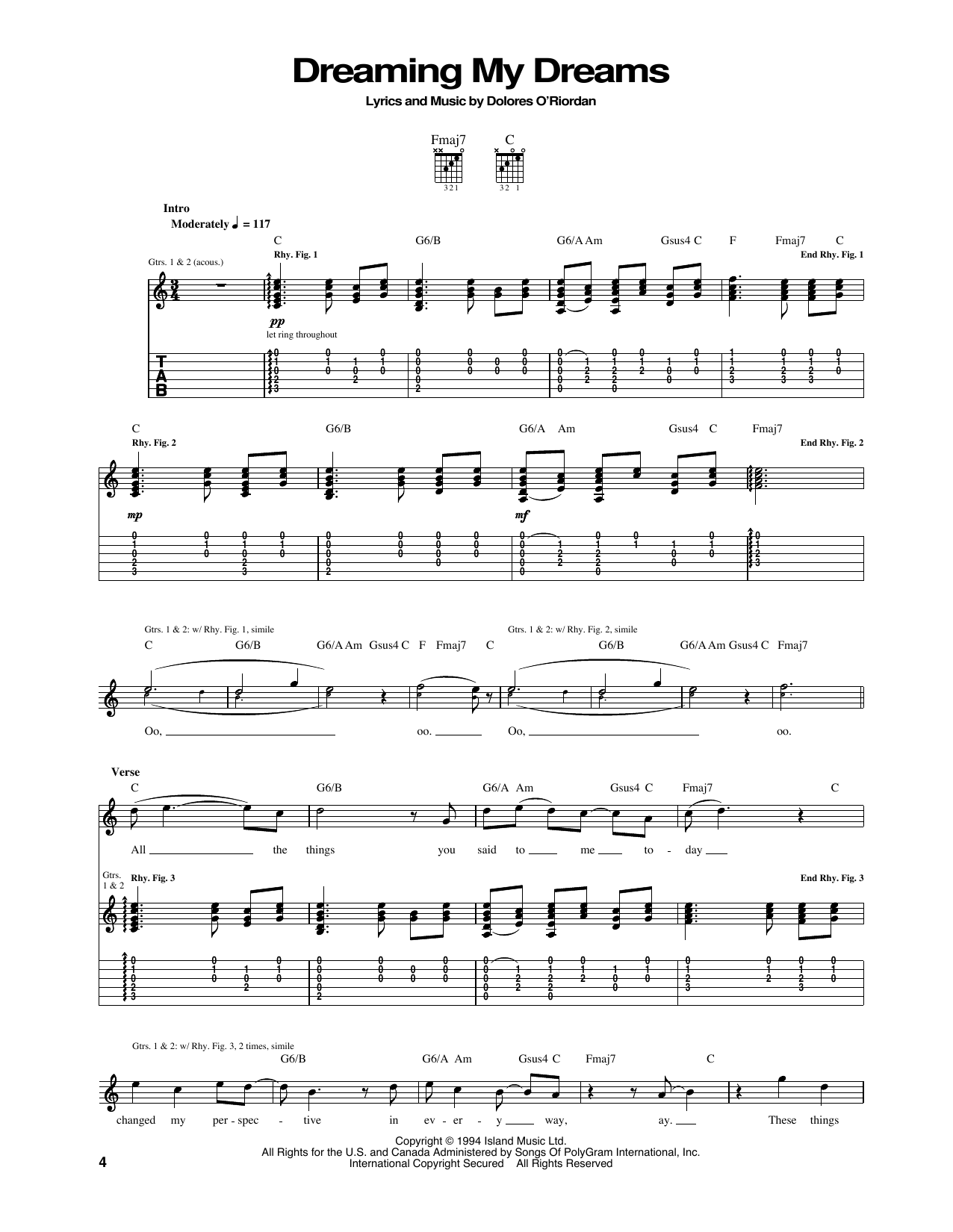 The Cranberries Dreaming My Dreams Sheet Music Notes & Chords for Guitar Tab - Download or Print PDF