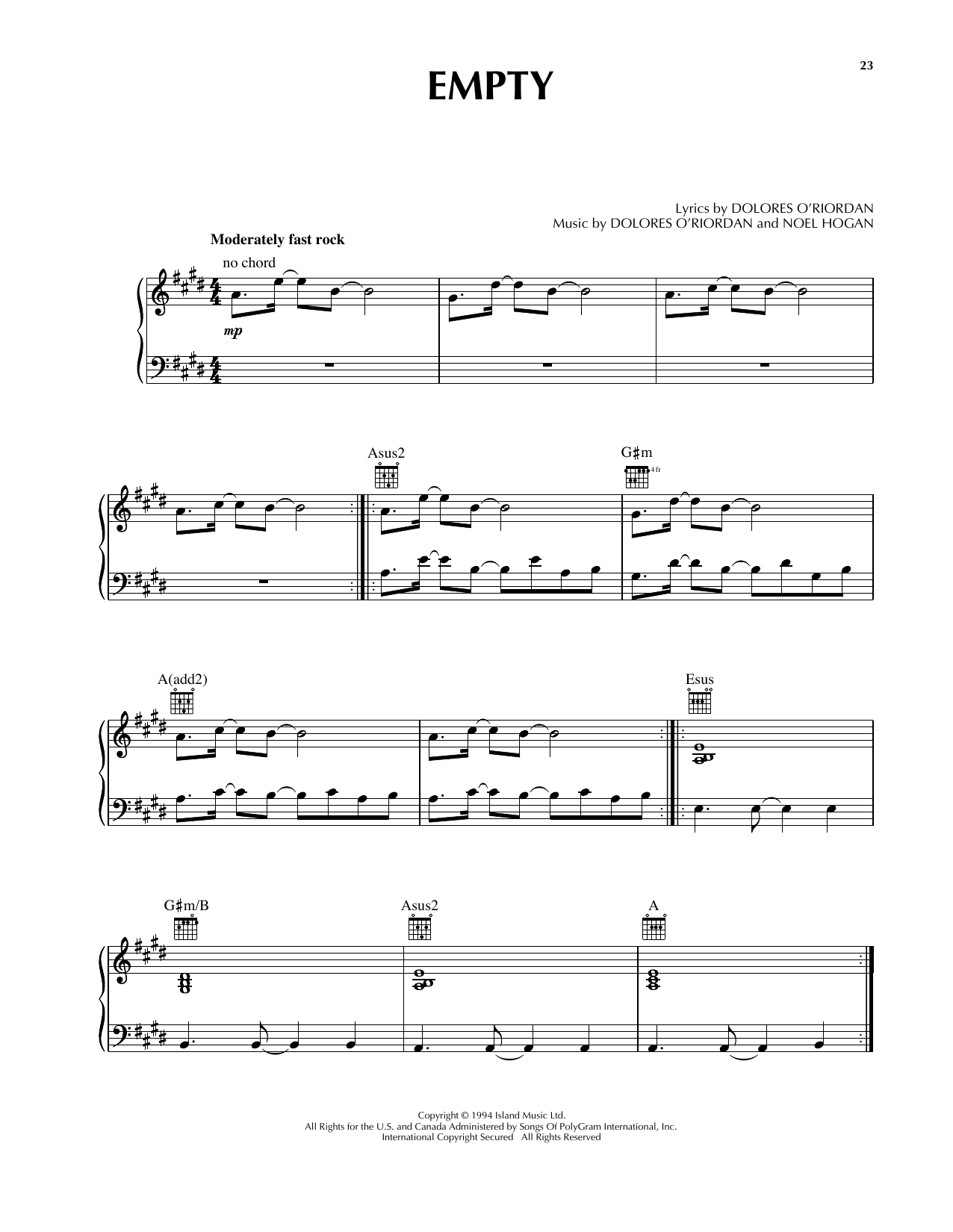 The Cranberries Empty Sheet Music Notes & Chords for Piano, Vocal & Guitar (Right-Hand Melody) - Download or Print PDF