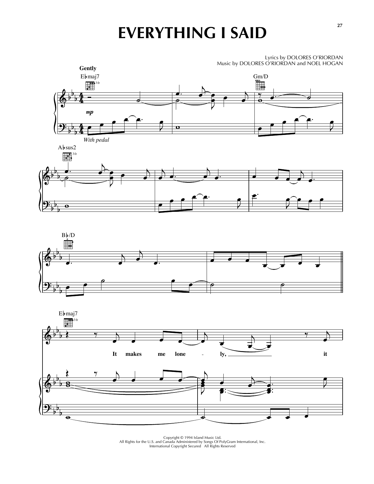The Cranberries Everything I Said Sheet Music Notes & Chords for Piano, Vocal & Guitar (Right-Hand Melody) - Download or Print PDF
