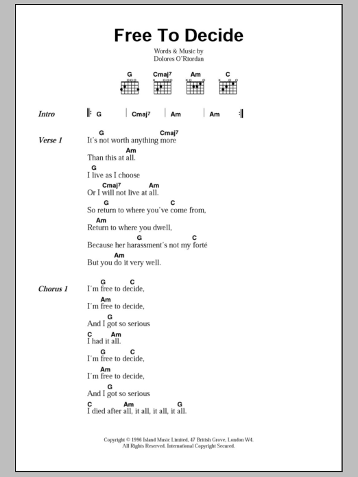 The Cranberries Free To Decide Sheet Music Notes & Chords for Piano, Vocal & Guitar Chords (Right-Hand Melody) - Download or Print PDF