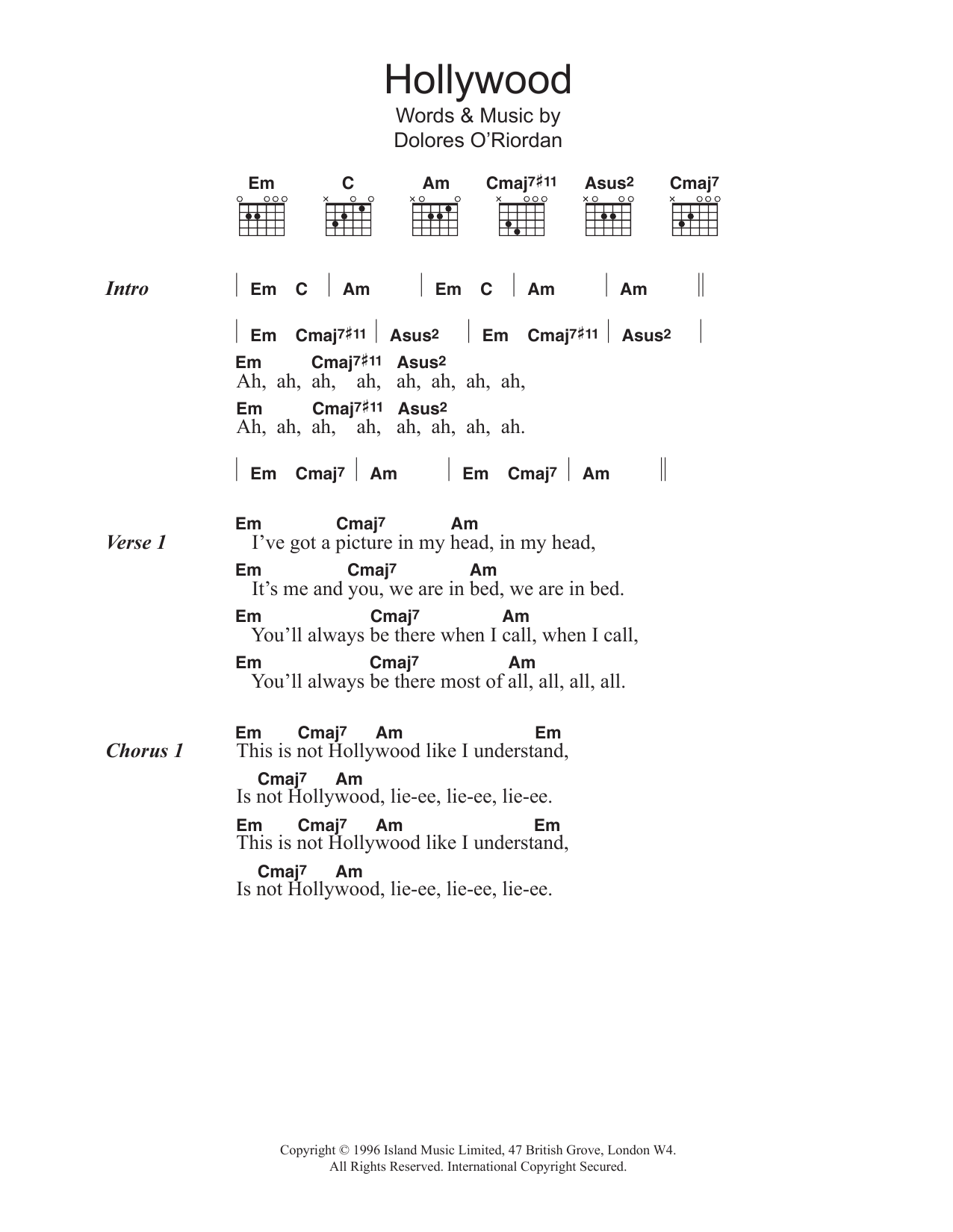 The Cranberries Hollywood Sheet Music Notes & Chords for Lyrics & Chords - Download or Print PDF