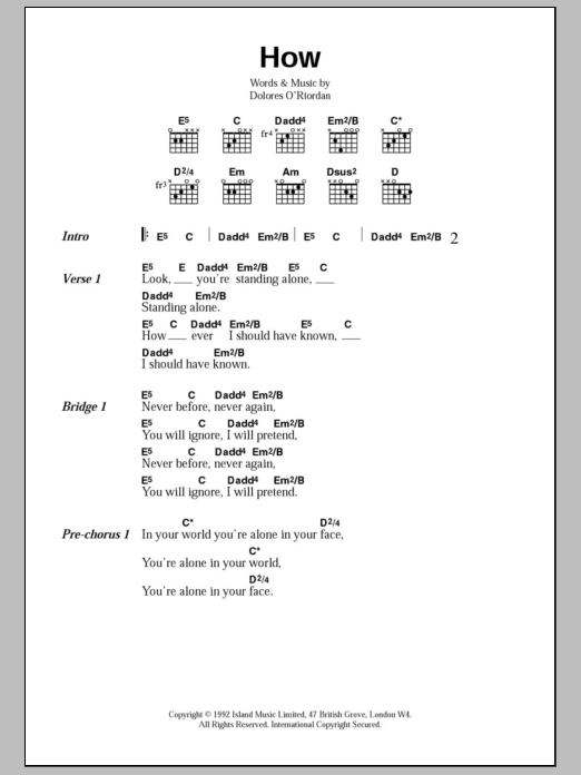 The Cranberries How Sheet Music Notes & Chords for Lyrics & Chords - Download or Print PDF