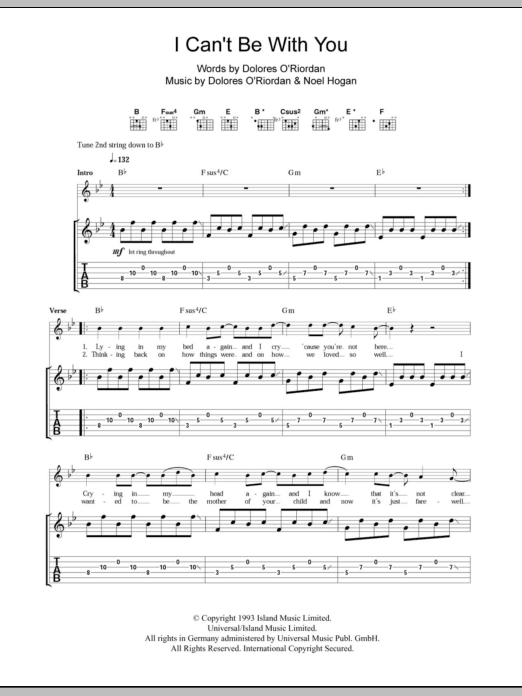The Cranberries I Can't Be With You Sheet Music Notes & Chords for Guitar Tab - Download or Print PDF