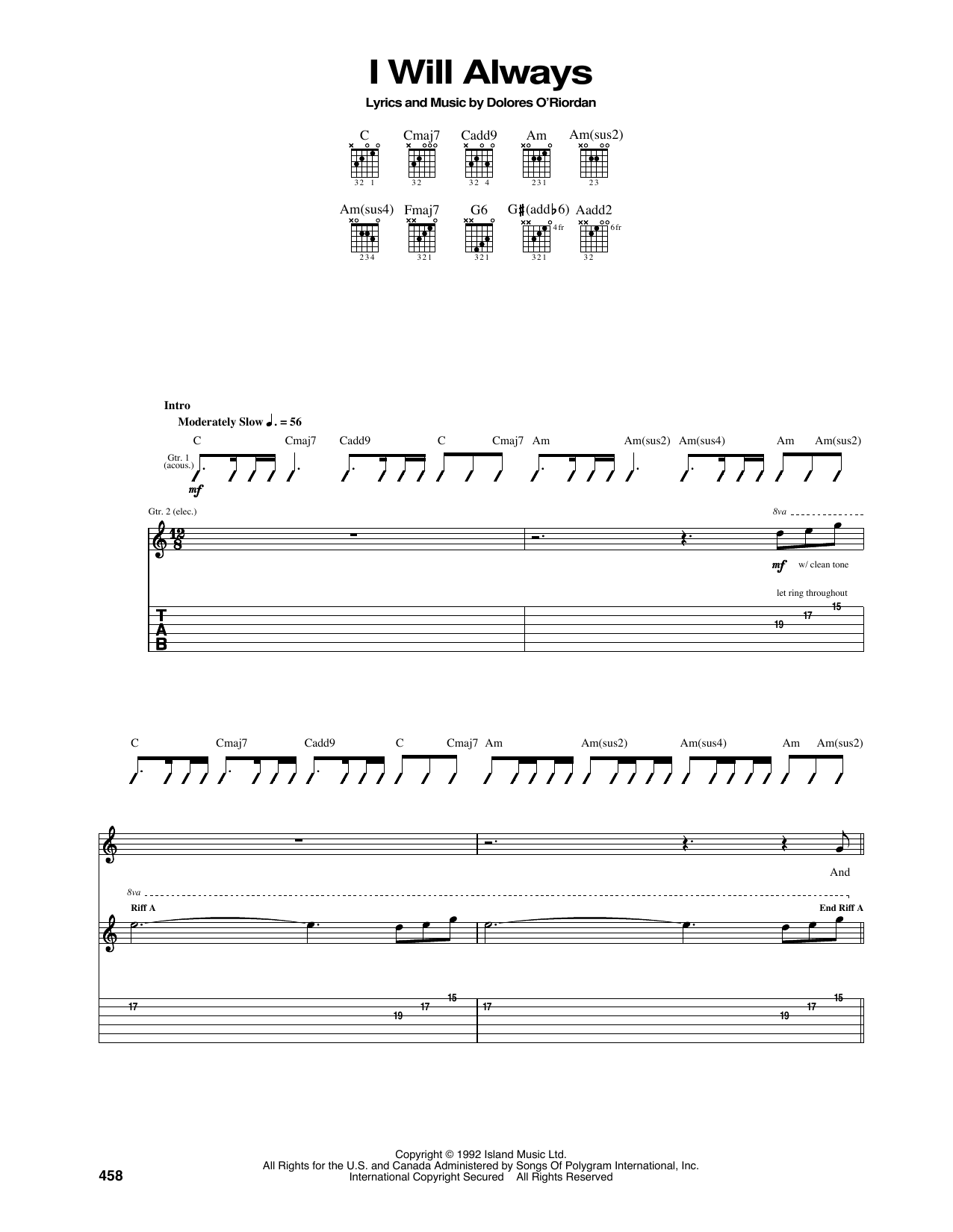 The Cranberries I Will Always Sheet Music Notes & Chords for Piano, Vocal & Guitar (Right-Hand Melody) - Download or Print PDF