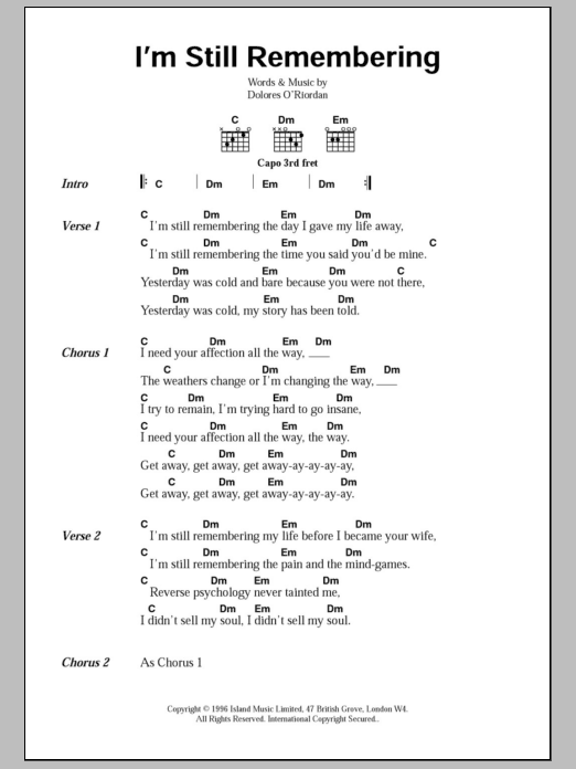 The Cranberries I'm Still Remembering Sheet Music Notes & Chords for Lyrics & Chords - Download or Print PDF