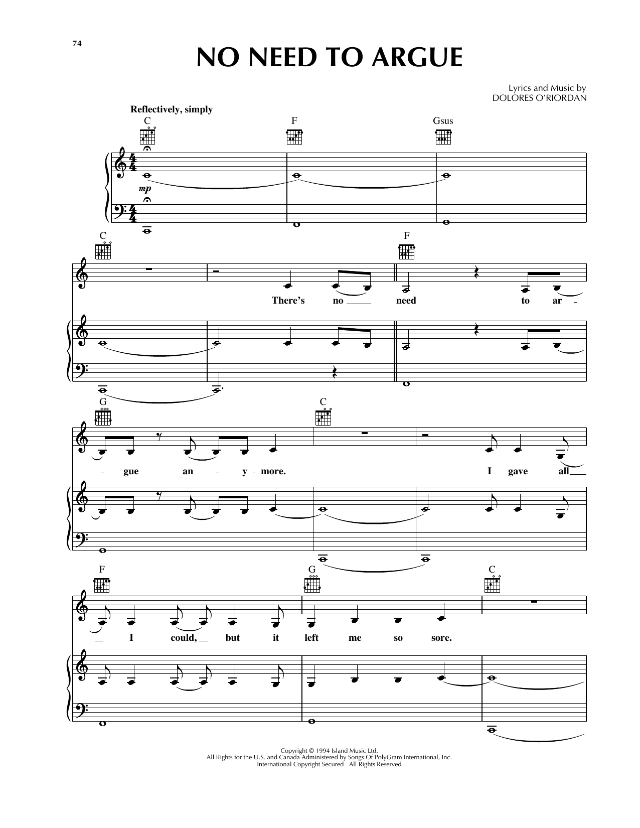 The Cranberries No Need To Argue Sheet Music Notes & Chords for Piano, Vocal & Guitar (Right-Hand Melody) - Download or Print PDF