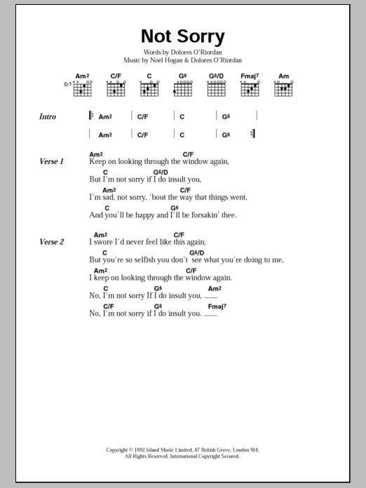 The Cranberries Not Sorry Sheet Music Notes & Chords for Lyrics & Chords - Download or Print PDF