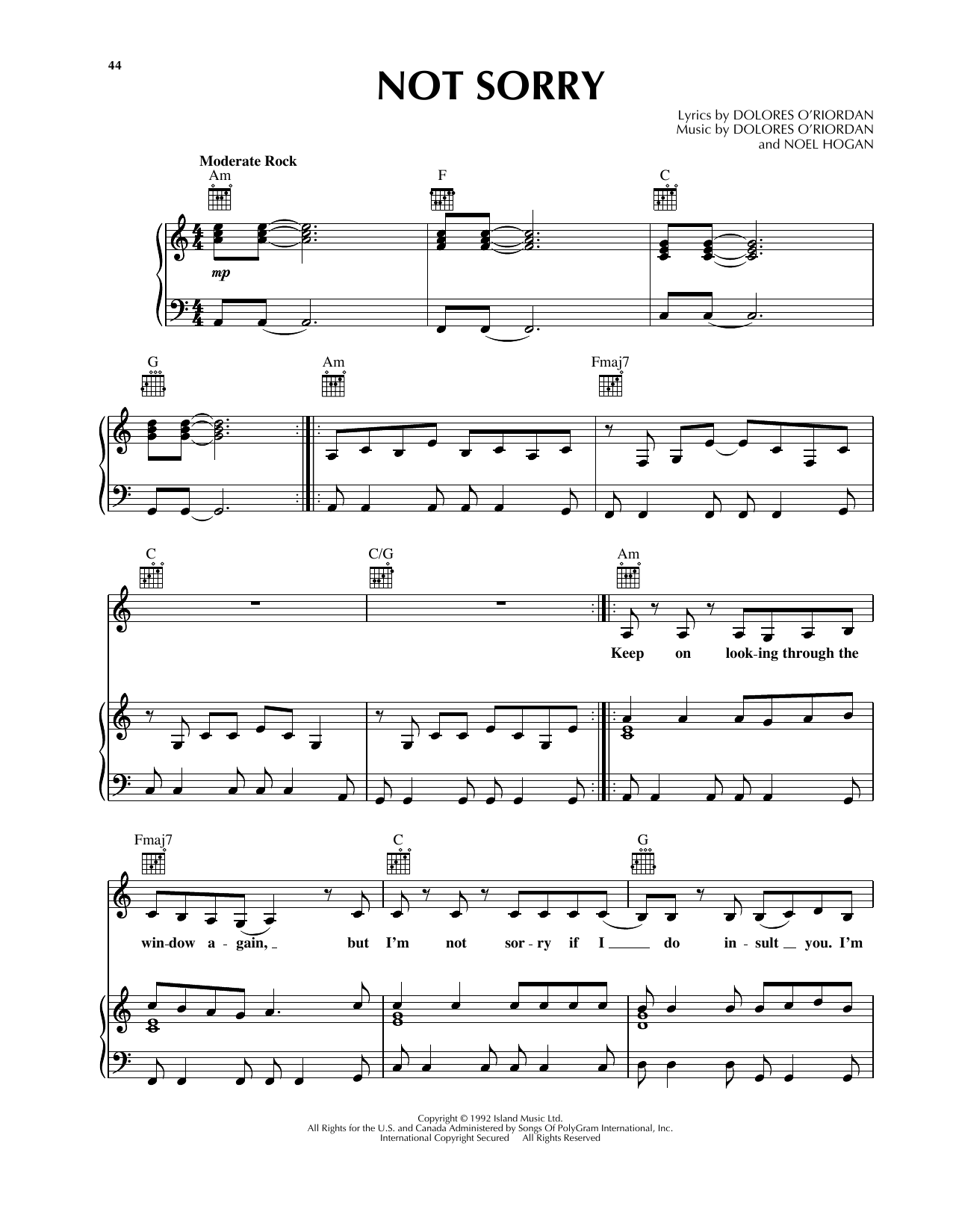 The Cranberries Not Sorry Sheet Music Notes & Chords for Piano, Vocal & Guitar (Right-Hand Melody) - Download or Print PDF